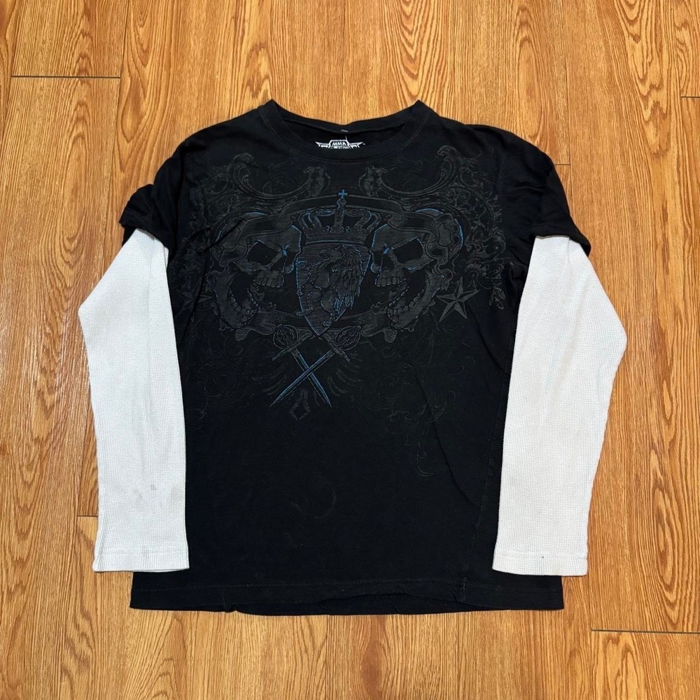 MMA Elite Men's Shirt Fits Medium Long Sleeve Thermal Y2K Gothic Skull Cross